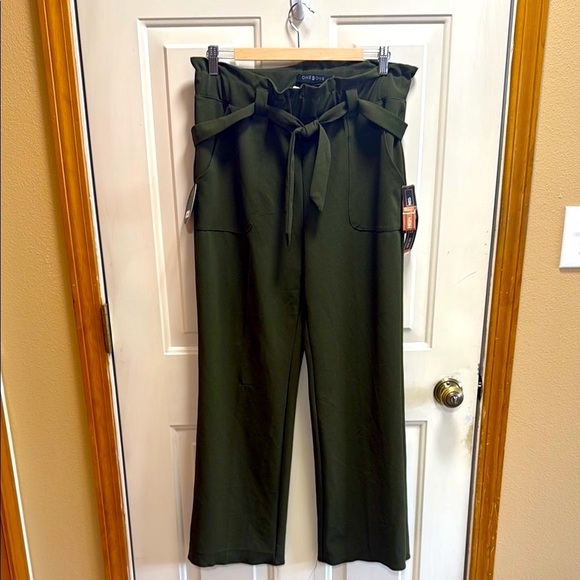 NWT High Rise Wide Leg Olive Green Paperbag Waist Pants size M - Picture 1 of 9